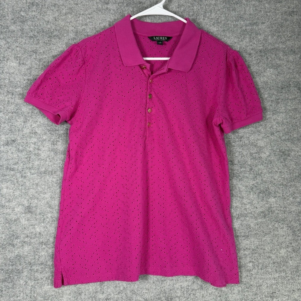 Lauren Ralph Lauren Size-L Women Pink Short-Sleeve Eyelet Polo Shirt Top